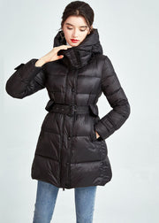 Classy Black Hooded Drawstring Pockets Fine Duck Down Filled Parka Winter