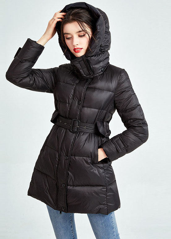 Classy Black Hooded Drawstring Pockets Fine Duck Down Filled Parka Winter