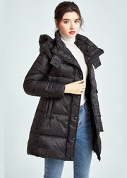 Classy Black Hooded Drawstring Pockets Fine Duck Down Filled Parka Winter