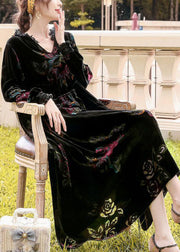 Classy Black Hooded Print Silk Velour Party Dress Spring