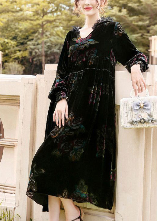 Classy Black Hooded Print Silk Velour Party Dress Spring