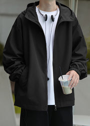 Classy Black Hooded Zippered Pockets Cotton Men Coat Spring