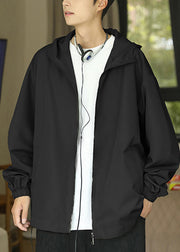 Classy Black Hooded Zippered Pockets Cotton Men Coat Spring