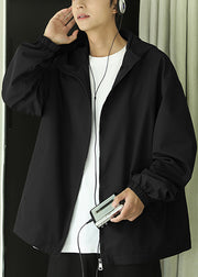 Classy Black Hooded Zippered Pockets Cotton Men Coat Spring