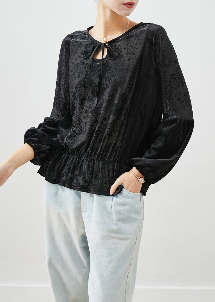 Classy Black Jacquard Tie Neck Silk Velour Tops Fall