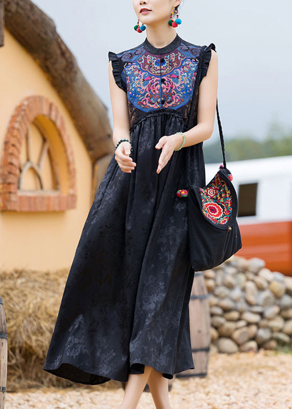 Classy Black O-Neck Embroideried Floral Wrinkled Button Dress Sleeveless