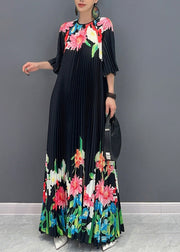 Classy Black O-Neck Print Flattering Maxi Dresses Half Sleeve