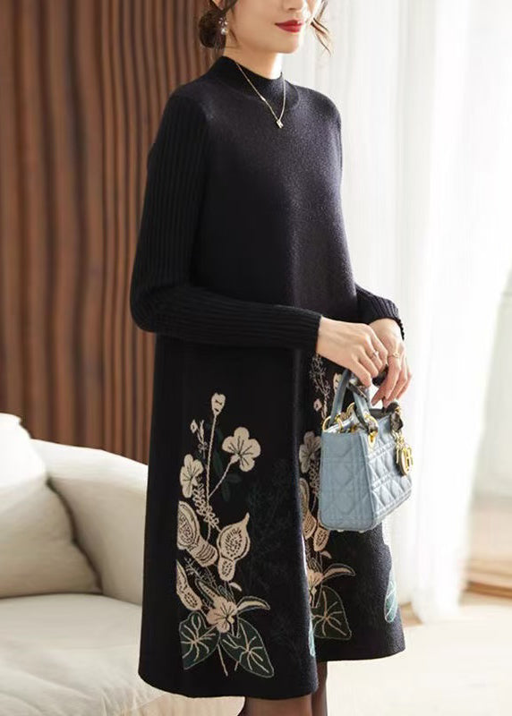 Classy Black O Neck Print Knit Long Sweater Dress Spring