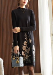 Classy Black O Neck Print Knit Long Sweater Dress Spring