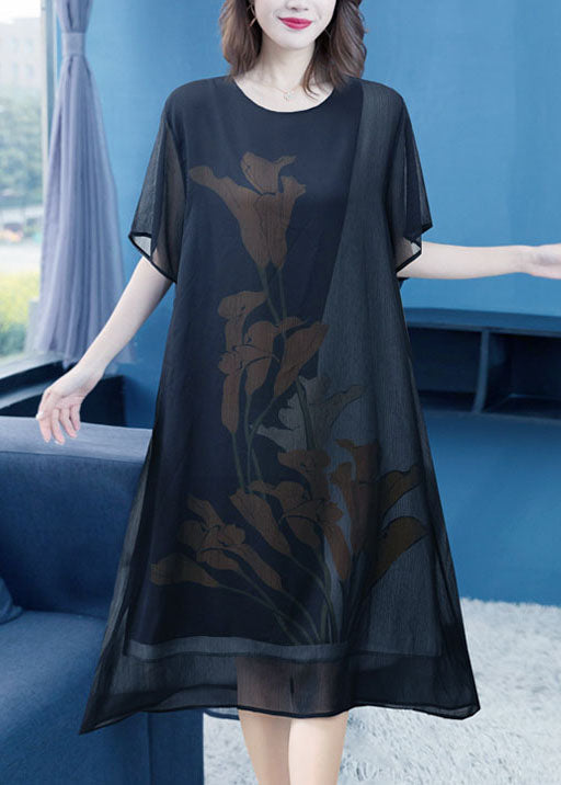 Classy Black O Neck Print Patchwork Chiffon Dress Summer