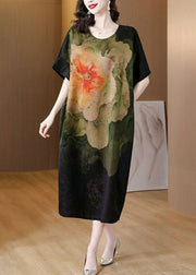 Classy Black O Neck Print Patchwork Silk Dress Summer