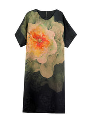 Classy Black O Neck Print Patchwork Silk Dress Summer