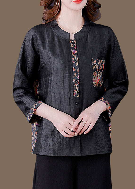 Classy Black O-Neck Print Patchwork Silk Shirt Spring