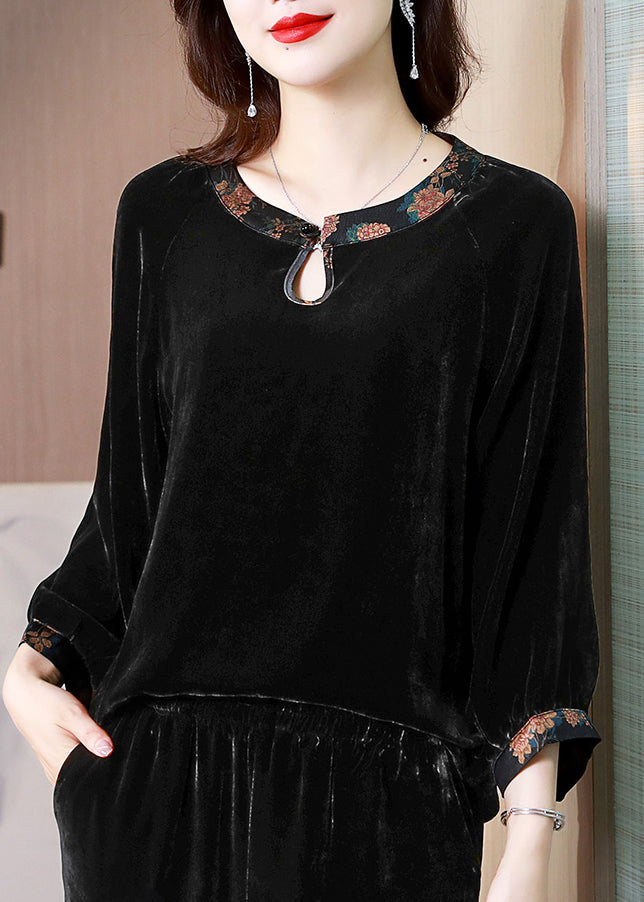 Classy Black O Neck Print Patchwork Silk Velour Shirt Spring