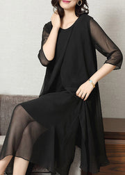 Classy Black O-Neck Tulle Patchwork Chiffon Maxi Dress Summer