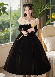 Classy Black O-Neck Wrinkled Silk Velour Kids Maxi Dress Spring