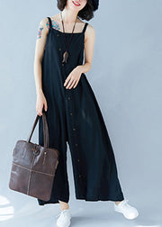 Classy Black Oversized Button Cotton Wide Leg Jumpsuit Summer