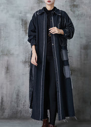 Classy Black Oversized Patchwork Applique Denim Coat Spring