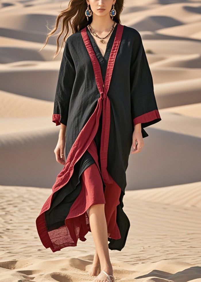 Classy Black Oversized Patchwork Cotton Vacation Dresses Fall