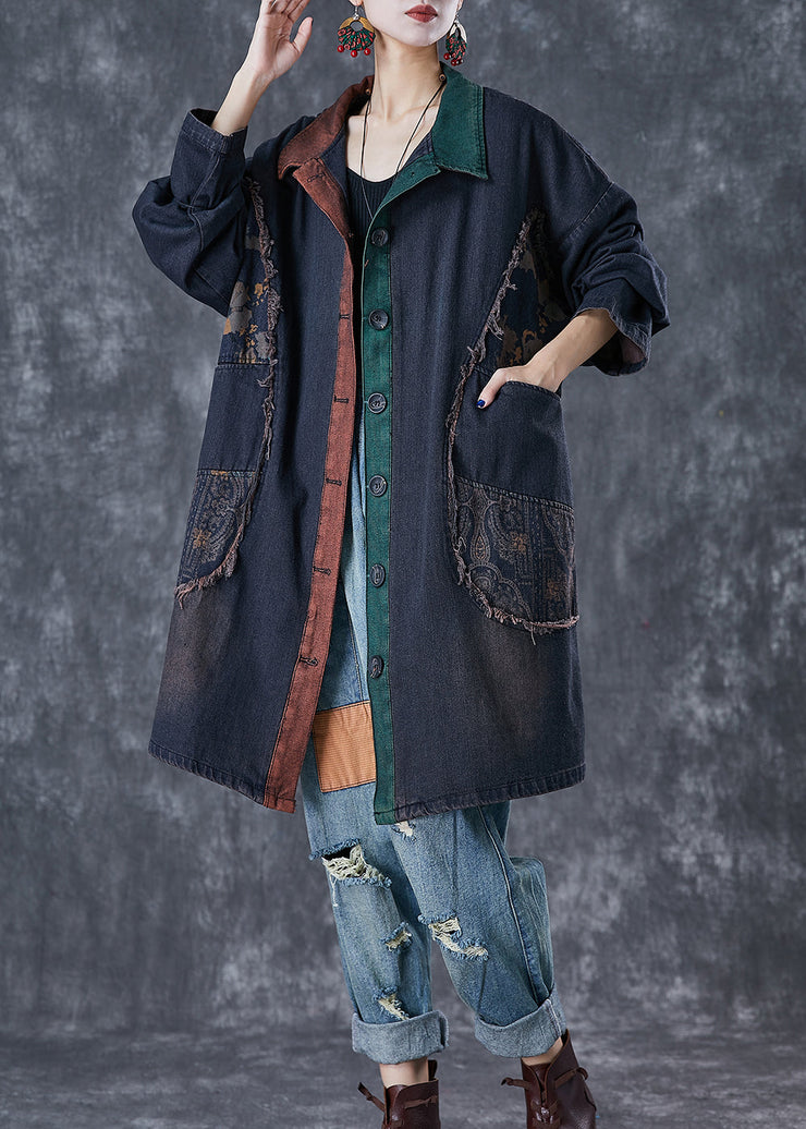 Classy Black Oversized Patchwork Denim Trench Fall