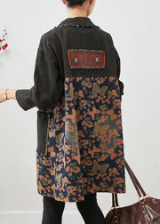 Classy Black Oversized Patchwork Print Denim Coats Fall