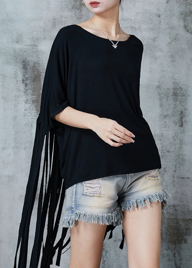 Classy Black Oversized Patchwork Tasseled Cotton Tanks Summer