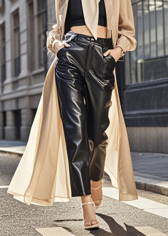 Classy Black Oversized Pockets Faux Leather Harem Pants Spring