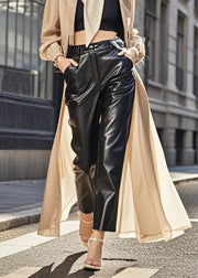 Classy Black Oversized Pockets Faux Leather Harem Pants Spring