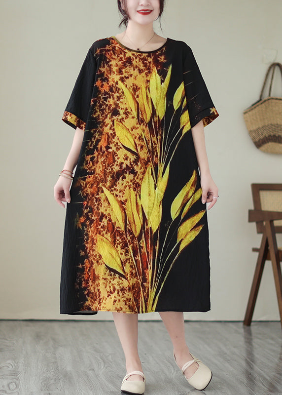 Classy Black Oversized Print Silk Holiday Dresses Summer