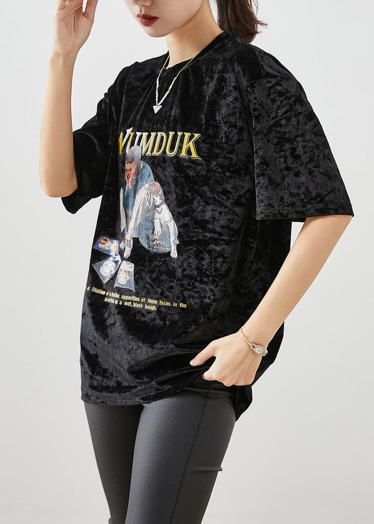 Classy Black Oversized Print Silk Velour Sweatshirt Short Sleeve