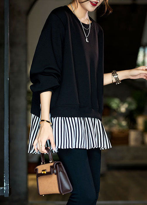 Classy Black Oversized Striped Patchwork Cotton Sweatshirt Streetwear Fall