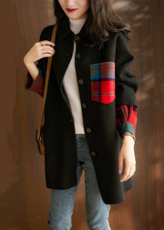 Classy Black Peter Pan Collar Button Patchwork Woolen Coat Fall