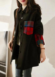 Classy Black Peter Pan Collar Button Patchwork Woolen Coat Fall