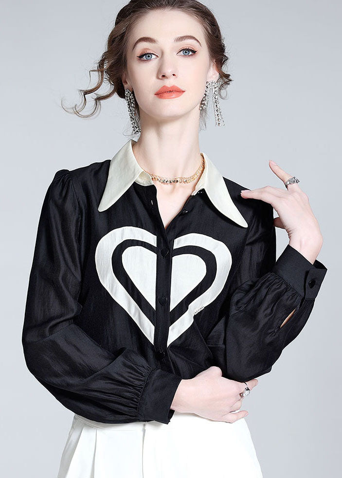 Classy Black Peter Pan Collar Heart Patchwork Silk Top Spring