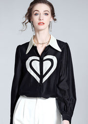 Classy Black Peter Pan Collar Heart Patchwork Silk Top Spring