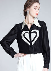 Classy Black Peter Pan Collar Heart Patchwork Silk Top Spring