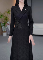 Classy Black Peter Pan Collar Jacquard Cotton Long Dress Spring