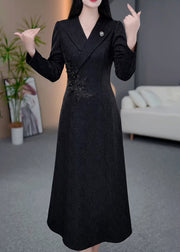 Classy Black Peter Pan Collar Jacquard Cotton Long Dress Spring