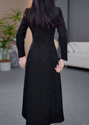 Classy Black Peter Pan Collar Jacquard Cotton Long Dress Fall