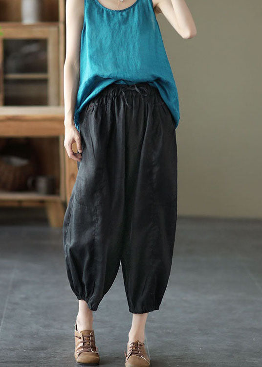 Classy Black Pockets Patchwork Linen Harem Pants Summer