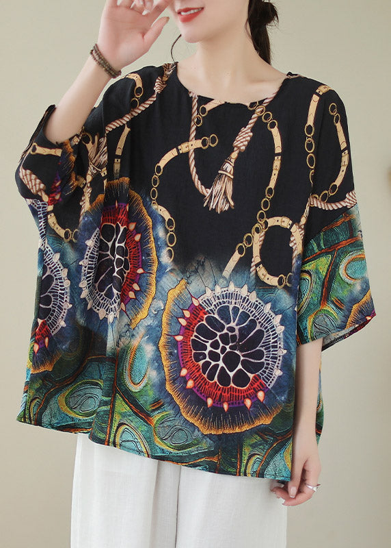 Classy Black Print Linen Top Summer