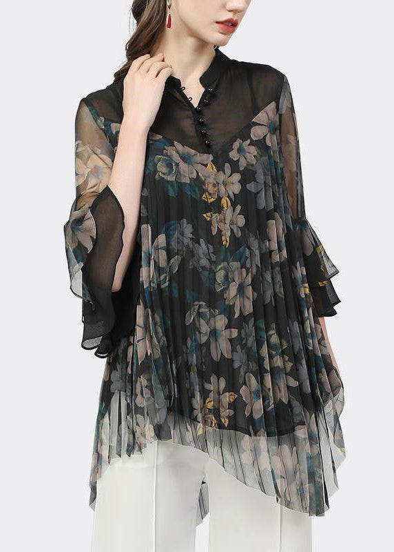 Classy Black Print Wrinkled Tie Waist Chiffon Blouse Flare Sleeve