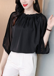 Classy Black Ruffled Patchwork Chiffon Shirts Bracelet Sleeve