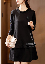 Classy Black Ruffled Pearl Patchwork Cotton Mid Dress Fall