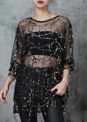 Classy Black Sequins Hollow Out Tulle Tops Summer