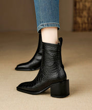 Classy Black Sheepskin Chunky Heel Boots Embossed Zippered