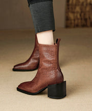 Classy Black Sheepskin Chunky Heel Boots Embossed Zippered