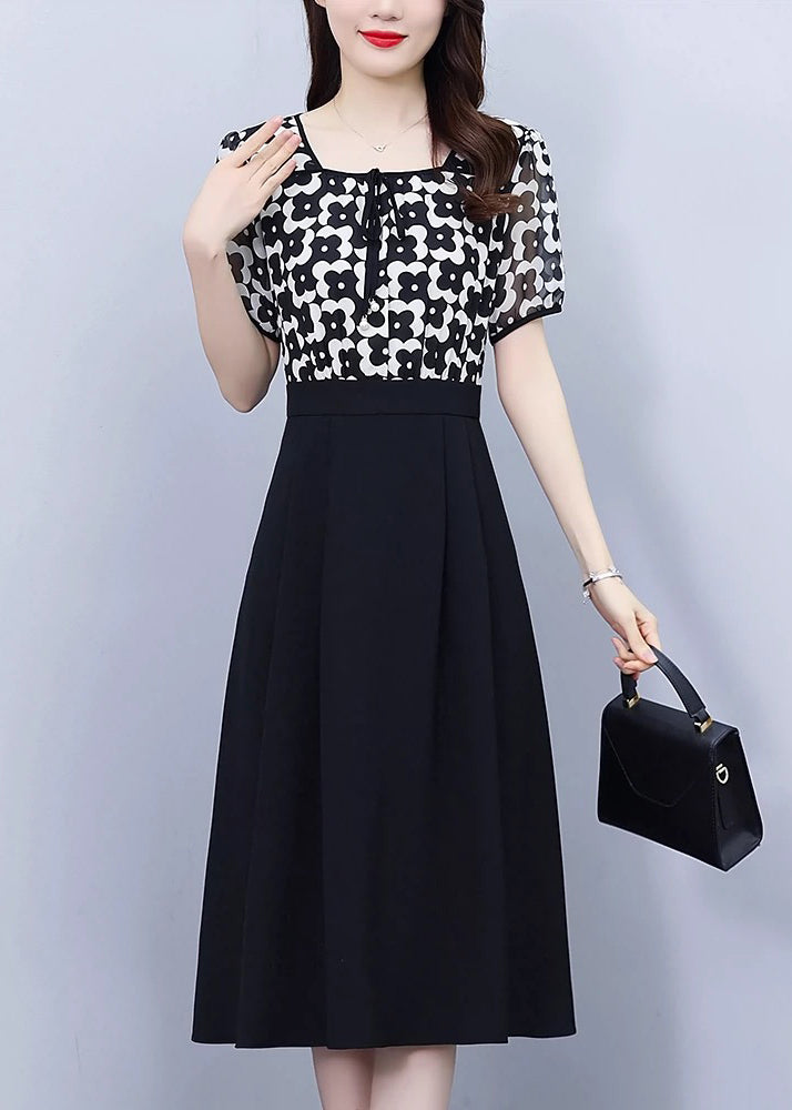 Classy Black Square Collar Print Patchwork Chiffon Dress Summer