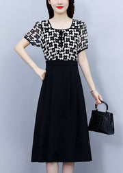 Classy Black Square Collar Print Patchwork Chiffon Dress Summer