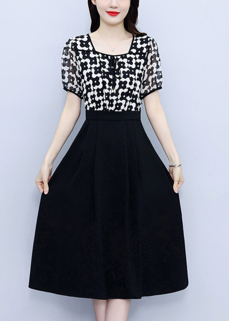 Classy Black Square Collar Print Patchwork Chiffon Dress Summer